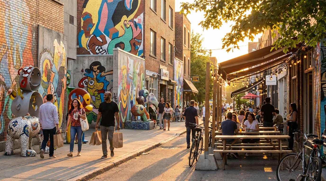 Vibrant neighborhood street with public art murals and local businesses