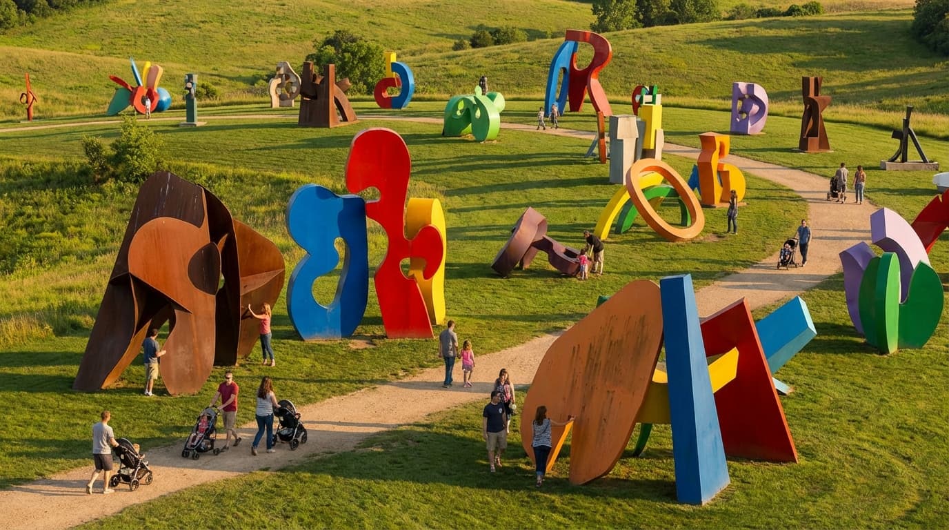 Families exploring a colorful outdoor sculpture park