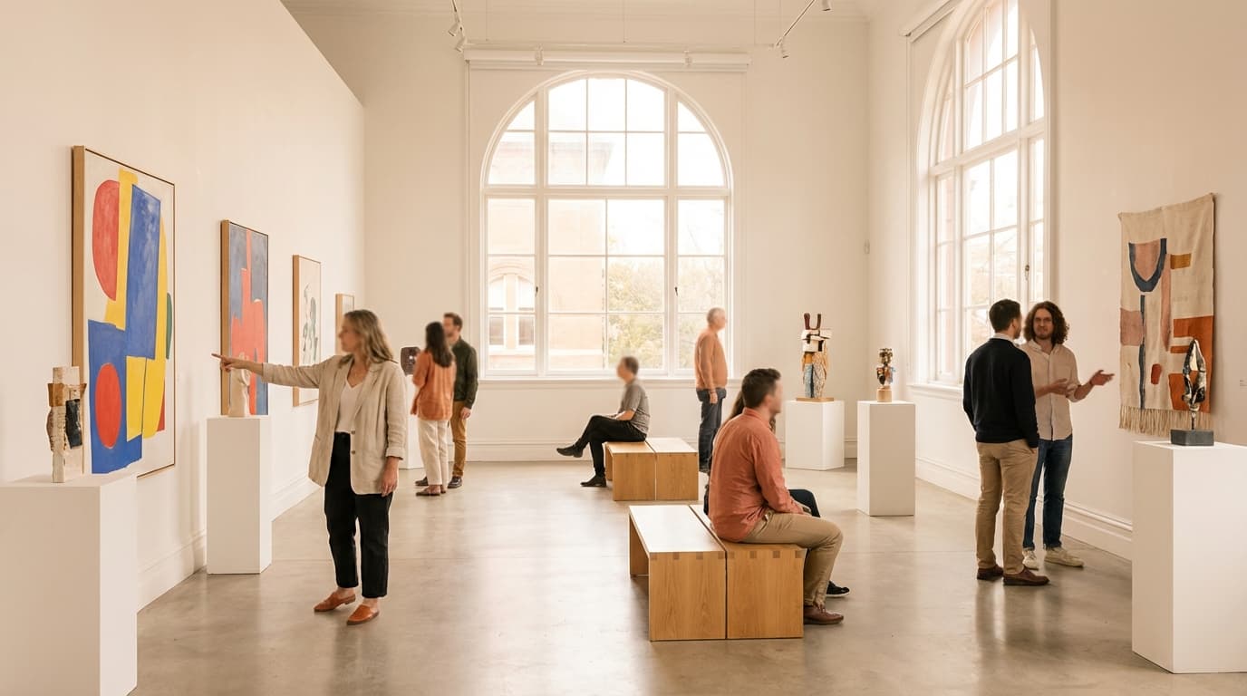 Visitors exploring a bright contemporary art gallery