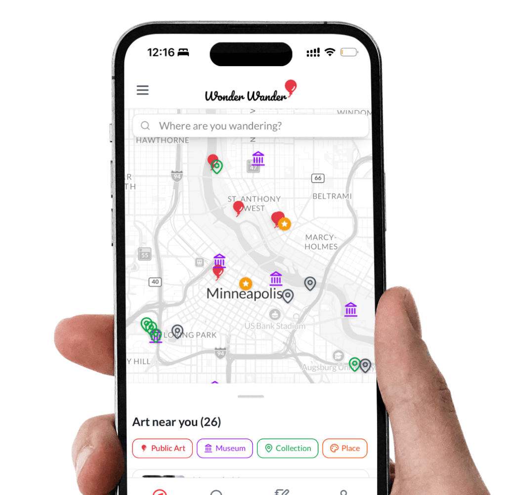 Hand holding a phone showing the Wonder Wander app map view in Minneapolis, with public art, museum, and collection pins